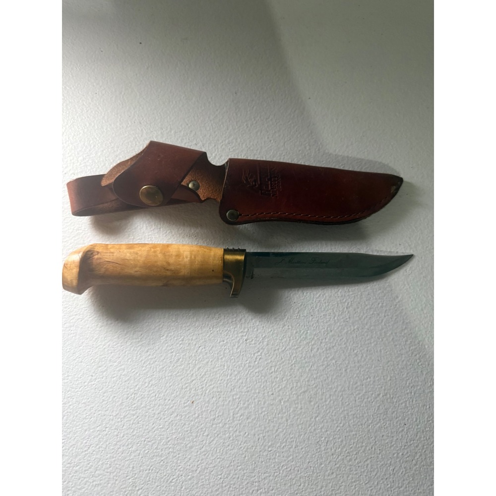 VTG J Marttiini Finland Hunting Knife Curly Birch Handle Leather Sheath Vintage